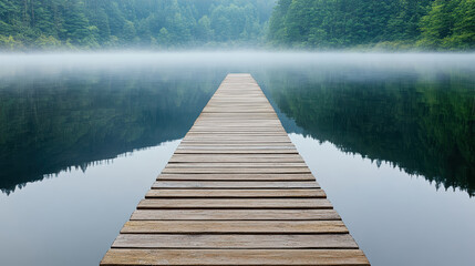 Fototapeta premium serene wooden dock extending into foggy lake, surrounded by lush trees