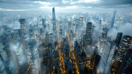 breathtaking aerial view of futuristic mega city with skyscrapers and fog