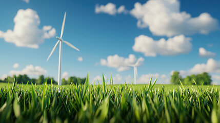 Lush green grass with wind turbines under bright blue sky and fluffy clouds