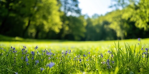 Fototapeta premium A picturesque view of a lush green meadow adorned with delicate blue flowers, creating a serene atmosphere perfect for nature lovers and outdoor enthusiasts.