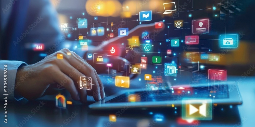 Poster digital interaction with icons and symbols of modern technology