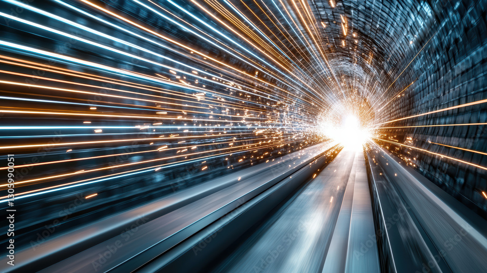 Poster high speed photograph capturing dynamic light trails and sparks in tunnel