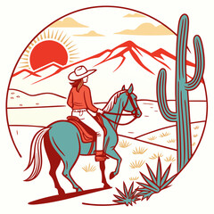 A cowgirl on horseback in the western landscape when the setting sun