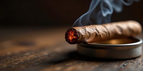 A smoldering cigar rests in a metallic ashtray on a dark wooden surface, emitting a plume of smoke.