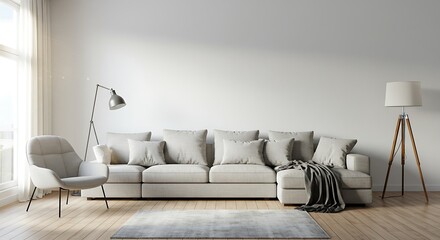 Neutral living room - Peaceful, serene, and calming - Suitable for real estate listing, home decor blog
