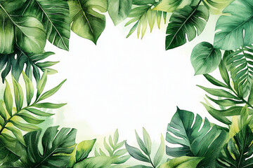 A serene watercolor frame of tropical foliage, perfect for invitations, home decor, or eco-friendly designs, evoking freshness and tranquility for events like weddings or tropical-themed parties.