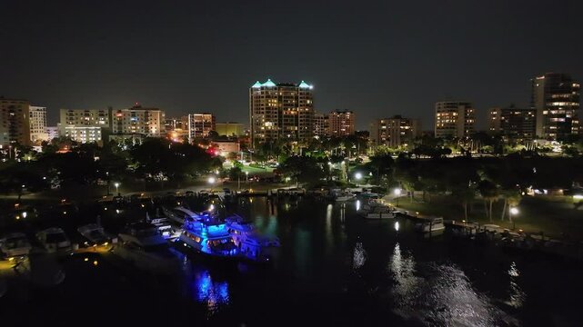 Drone of marina at night in Sarasota Florida