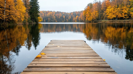 rustic fishing dock on still lake surrounded by autumn trees
