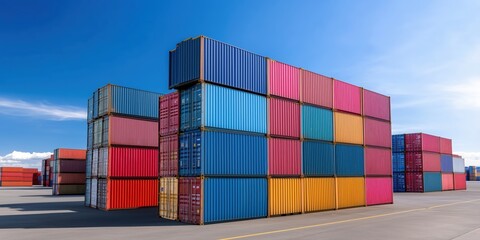 Fototapeta premium A vibrant display of stacked cargo containers against a bright blue sky, showcasing their colorful surfaces and textures in a shipping yard context for trade and logistics.
