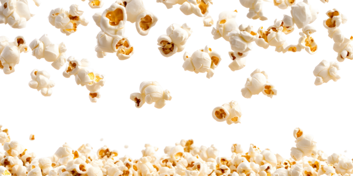Flying delicious popcorn cut out, on white or transparent background