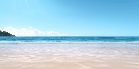 Obraz premium A tranquil beach scene merges pristine white sand and calming blue waters, under a bright sky with soft clouds, representing the essence of relaxation and escape.