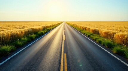 Golden Wheat Field Road A Sunlit Asphalt Highway Through a Serene Rural Landscape