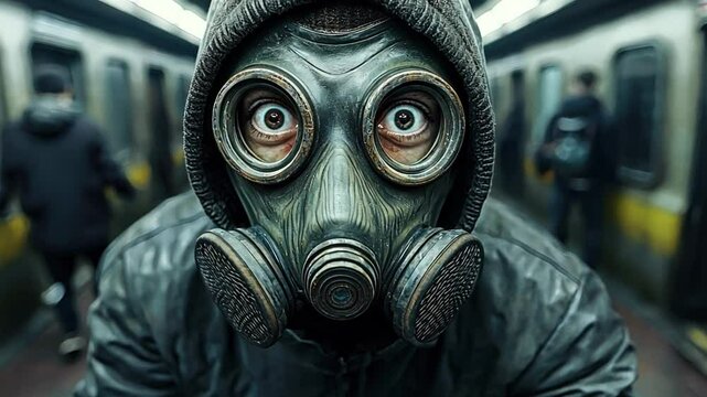 Survivor in a makeshift gas mask stealthily hides in a desolate subway station, evading lurking infected hordes.