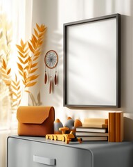Cozy home decor with a blank frame, orange accents, dreamcatcher, books, and minimalist styling on a wooden table