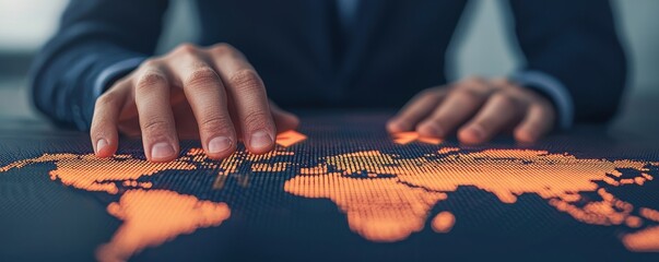 Economic Windfall concept. A businessman examines a digital world map with illuminated regions, symbolizing global connectivity and strategic planning. © Trimxxx