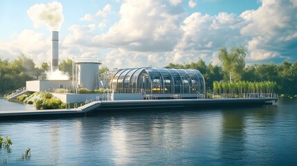 Fototapeta premium A large building with a glass roof sits on a dock next to a body of water. The building appears to be a greenhouse or a similar structure. The water is calm and the sky is cloudy