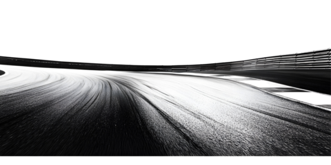 Race track with sharp curves in black and white, cut out, on white or transparent background