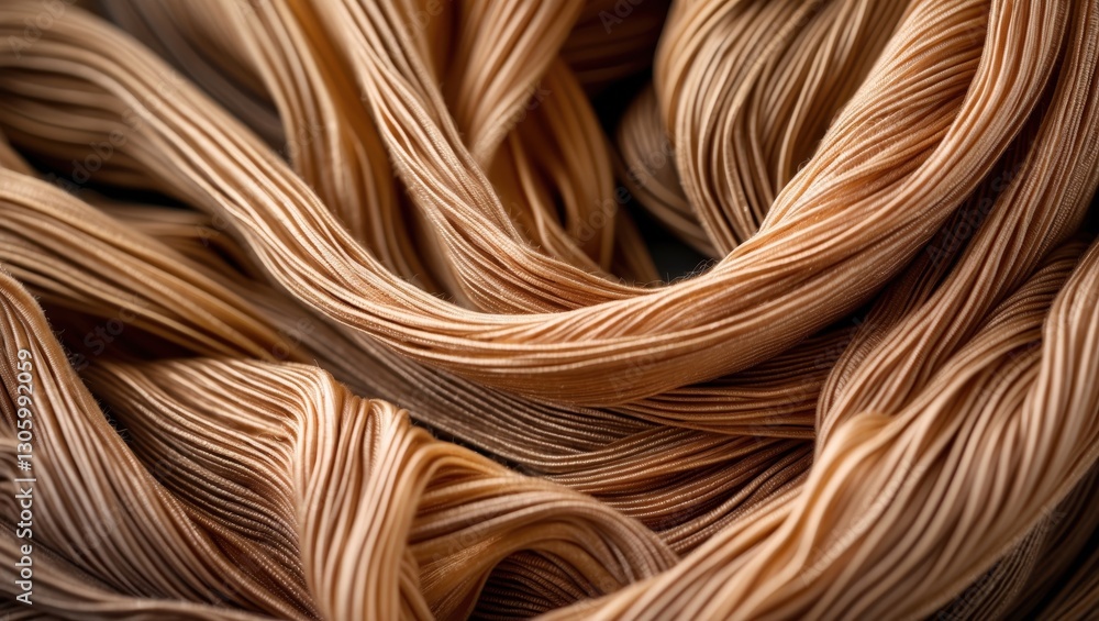 Poster close-up of intertwined strands of smooth, beige thread with subtle sheen, creating a soft, flowing 