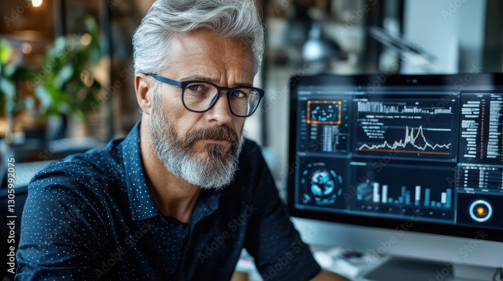 Poster experienced man with glasses analyzing data on computer screen