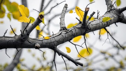 Close-up of a branch with gray bark and yellow leaves against a soft gray background, capturing the essence of autumn