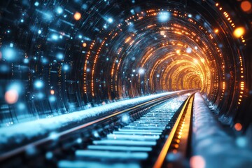 An animated journey through a sci-fi-inspired tunnel filled with flowing data blocks and illuminated walls, symbolizing futuristic technology and digital networks.