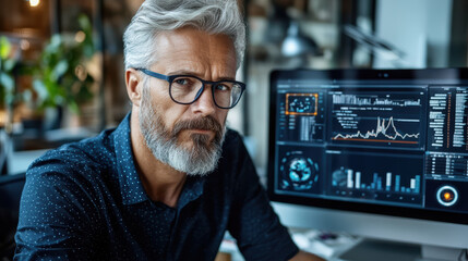 Fototapeta premium Experienced man with glasses analyzing data on computer screen