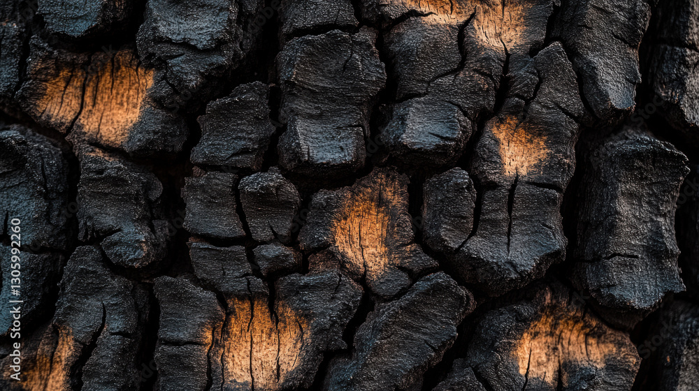 Poster this image features a close-up of charred wood, showcasing a textured surface with blackened areas a