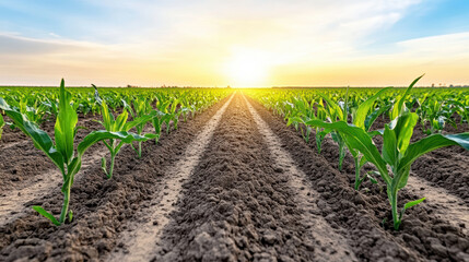 Naklejka premium wide angle view of empty farmland at sunrise, showcasing rows of crops
