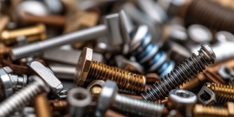 A closer view of various screws and fasteners, showcasing a range of different types, materials, and finishes, all artfully arranged for visual interest and context.