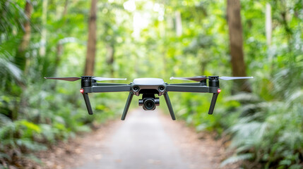 drone flying over forest path, capturing nature beauty and details