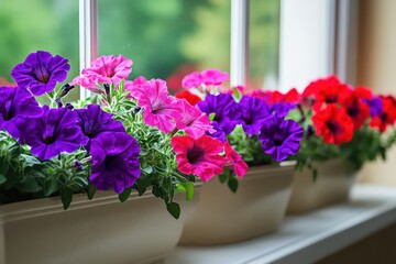 Fototapeta premium An arrangement of potted red and purple petunias, displayed on a windowsill or balcony, creating a fresh and colorful atmosphere.