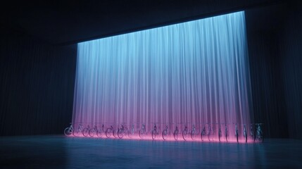 dynamic rendering of bicycles arranged in cascading waterfall effect illuminated by vibrant colors with ample copy