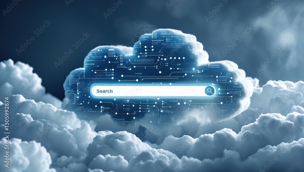 Poster digital cloud display featuring glowing data elements and a search bar amidst a cloudy sky atmospher