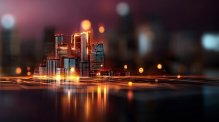 Obraz premium Futuristic Cityscape with Digital Elements and Vibrant Lights in a Creative Urban Setting at Nighttime