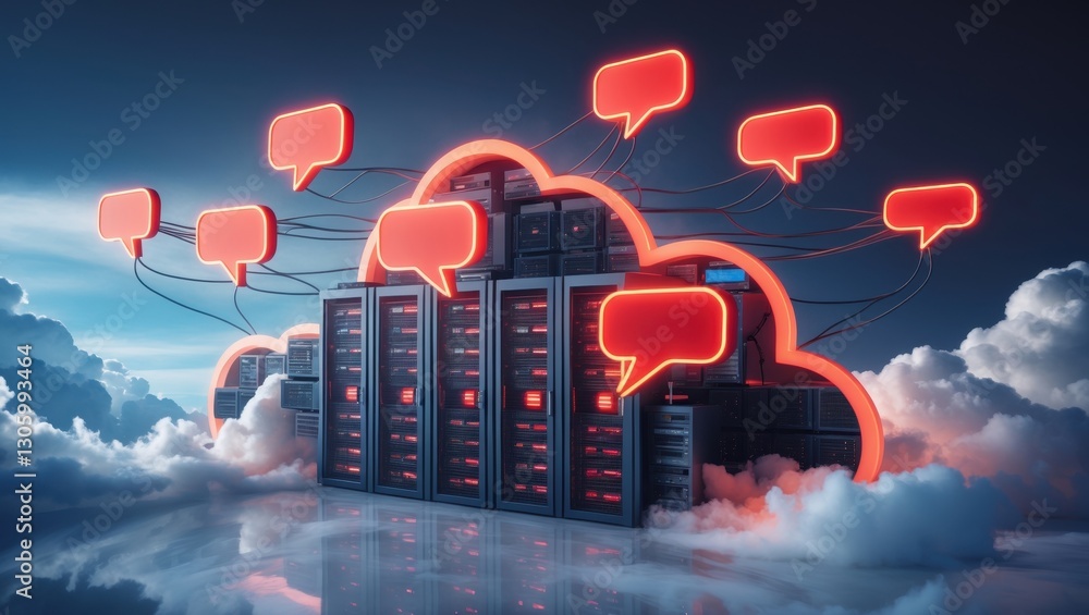 Poster a futuristic server farm with glowing red speech bubbles representing data transmission in a cloud e