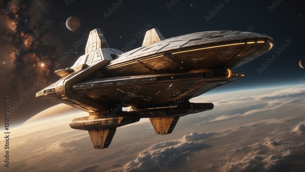 Poster a futuristic spacecraft hovering above a planet with a starry backdrop and surrounding celestial bod
