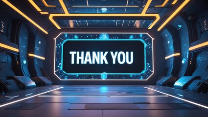 Obraz premium Futuristic sci-fi interior with a large screen displaying 'Thank You' in a modern space