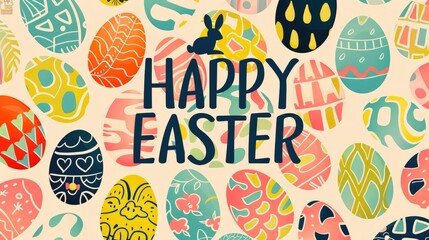 Cartoon Easter eggs with patterns, "HAPPY EASTER" in bold, rabbit silhouette, bright colors, flat design, layered depth, kids-style illustration.