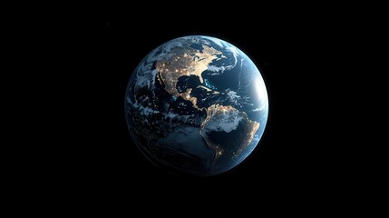 A stunning view of Earth from space, highlighting its continents and illuminated cities against a dark background.