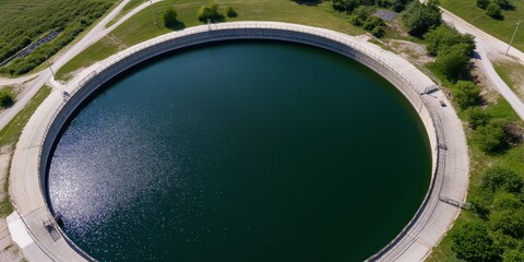 An overhead view of a circular water reservoir surrounded by a vibrant green landscape, emphasizing the importance of water management and natural resource preservation.