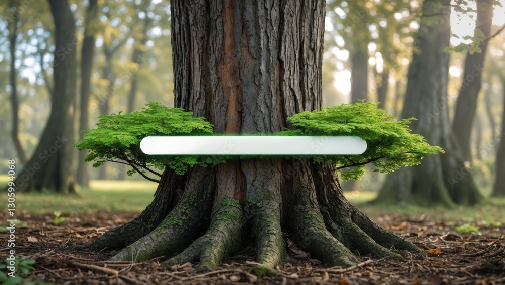 Aufkleber large tree trunk with vibrant green foliage at the base, surrounded by a serene forest setting with 