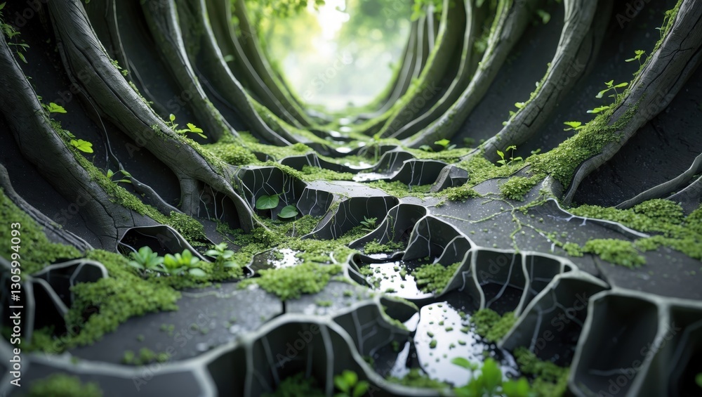 Poster an abstract view of a lush, green environment with a path created by unique, textured formations, su