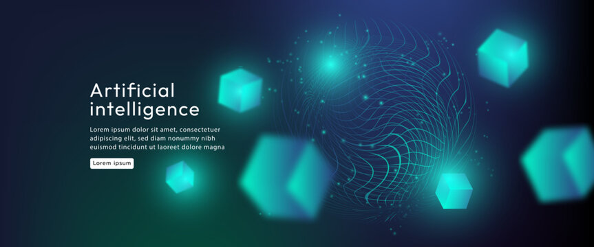 Futuristic AI Network with Glowing Cubes and Data Particles