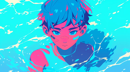 Young person with blue hair swimming in vibrant turquoise water, surrounded by colorful waves