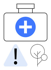 First aid kit with cross, triangular warning sign, and abstract tree outline. Ideal for health awareness, safety, medical assistance, emergency preparedness, environmental care, public health