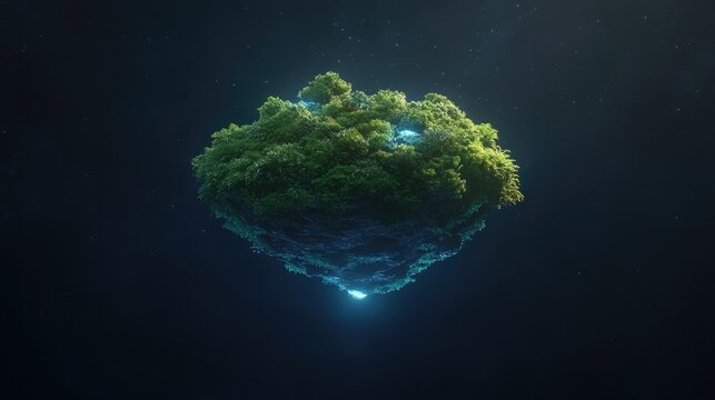 floating island made entirely of self-sustaining ecosystems illuminated by ethereal glow