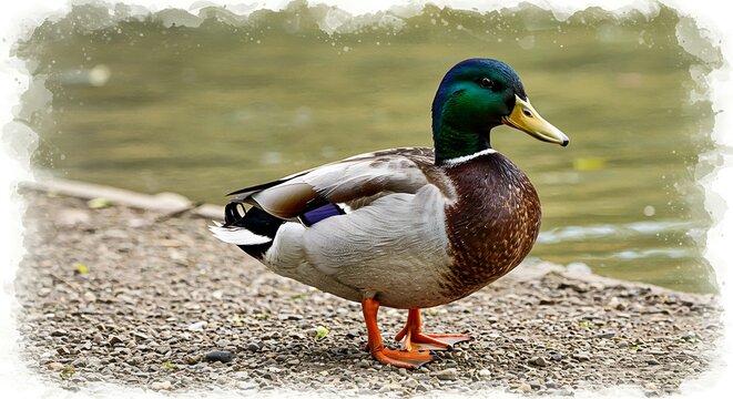 Watercolor style of mallard duck - peaceful nature scene - stock illustration project. - Powered by Adobe
