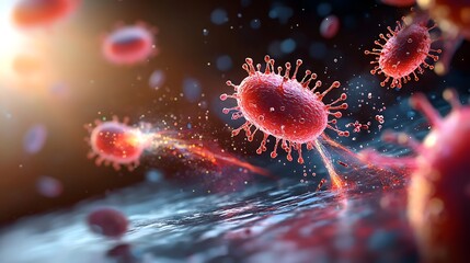Fototapeta premium Dynamic Close-Up of Microbiota Interacting with Immune Cells in a Vivid Biological Environment