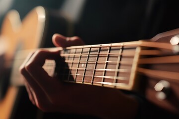 focused shot of guitarist hand strumming strings with warm light reflecting off instrument set against soft background
