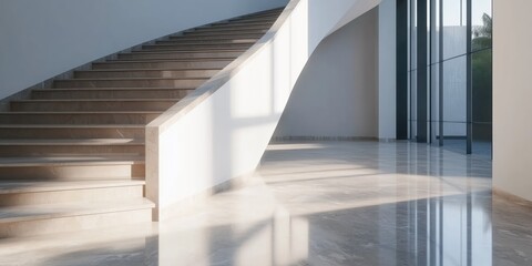 A sleek modern staircase with elegant curves and soft light highlights, showcasing contemporary interior design and the beauty of minimalist architecture.
